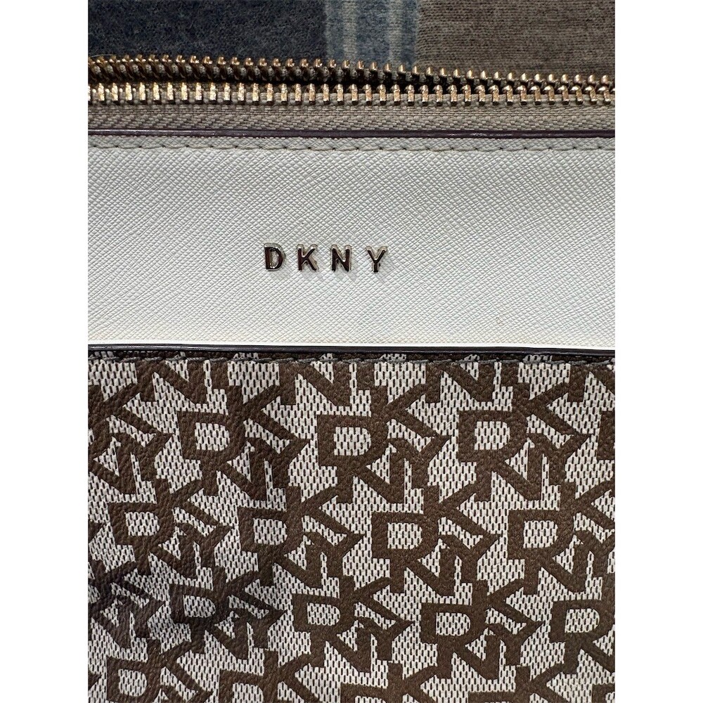 DKNY Bryant Park Monogram Satchel Shoulder Bag Tan White Silver Chain - Picture 3 of 9